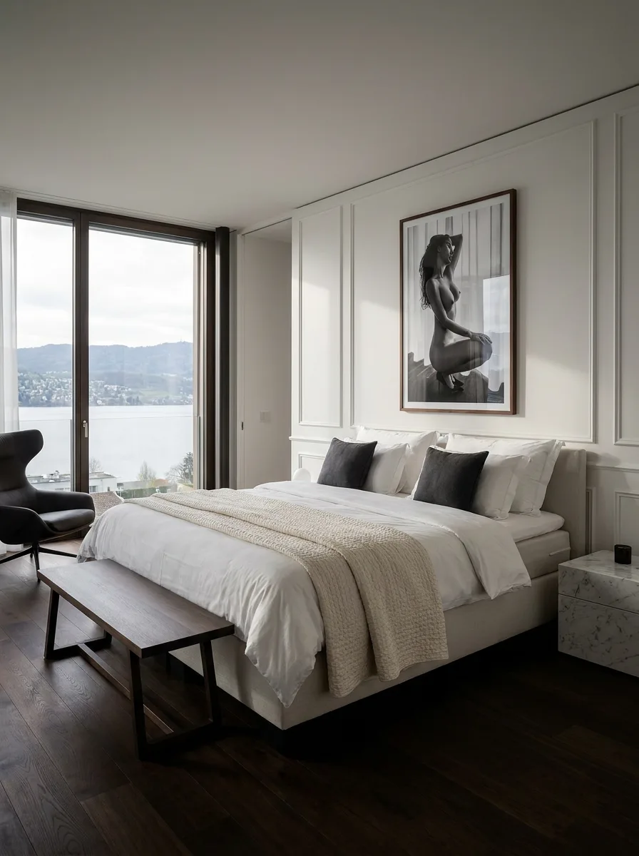 A large framed boudoir print hung above the bed in a modern Zürich bedroom overlooking the lake.